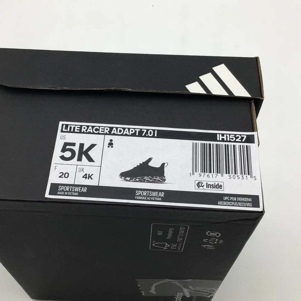 Adidas Lite Racer Adapt 7.0 I Kids Sneakers Black‎ White IH1527 Size 5K NEW